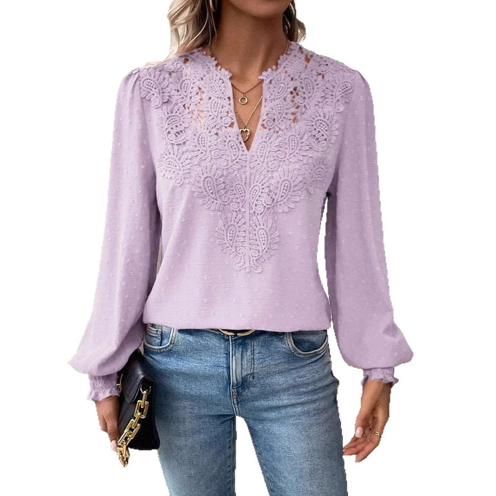 Women blouse with v-neck lace appliqué, structured dot, gathered cuffs and slightly tailored silhouette Mune Fashion