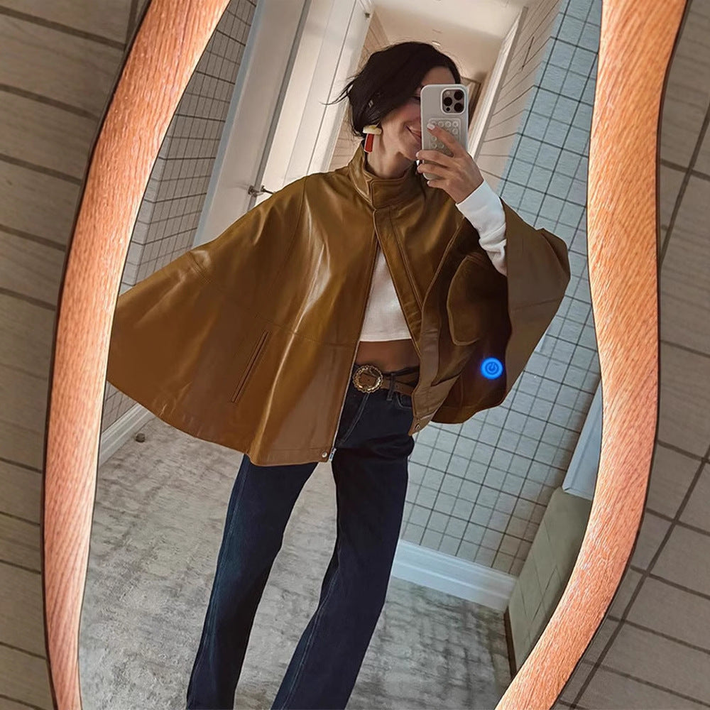 Women's Cape Sleeve Leather Jacket with Stand-up Collar Mune Fashion