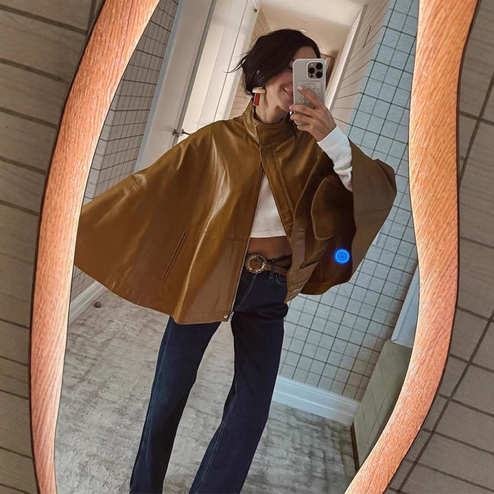 Women's Cape Sleeve Leather Jacket with Stand-up Collar Mune Fashion
