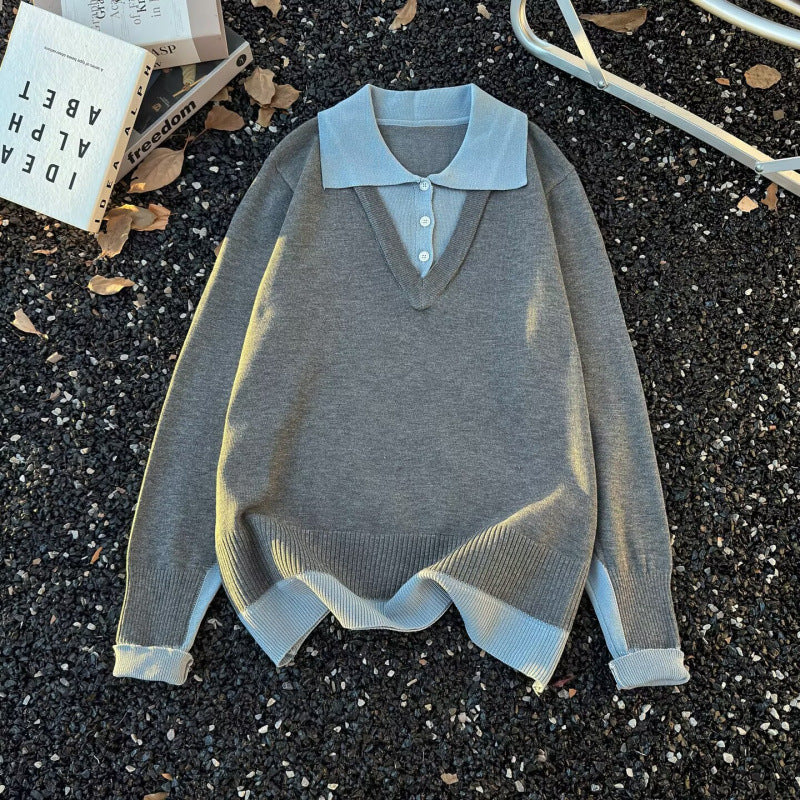 Women Oversized Polo Fine Knit Sweater with Contrast Collar and Ribbed Hem Mune Fashion