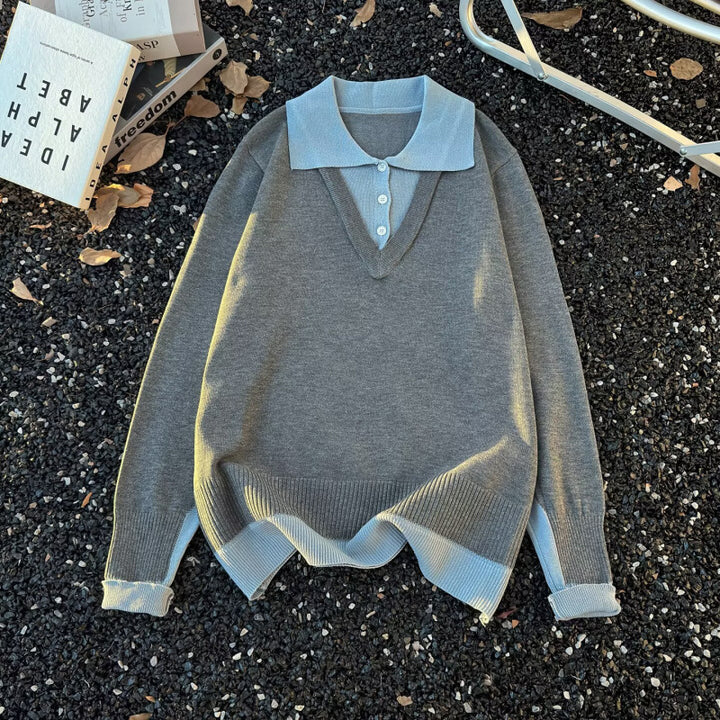 Women Oversized Polo Fine Knit Sweater with Contrast Collar and Ribbed Hem Mune Fashion