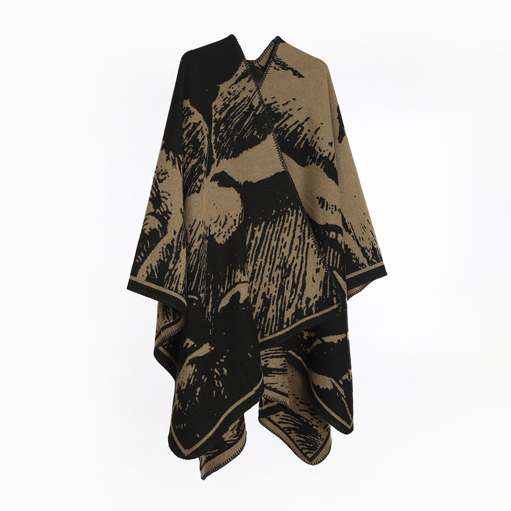 Women Oversize Reversible Knit Ruana with Graphic Jacquard and Chain Edge Mune Fashion