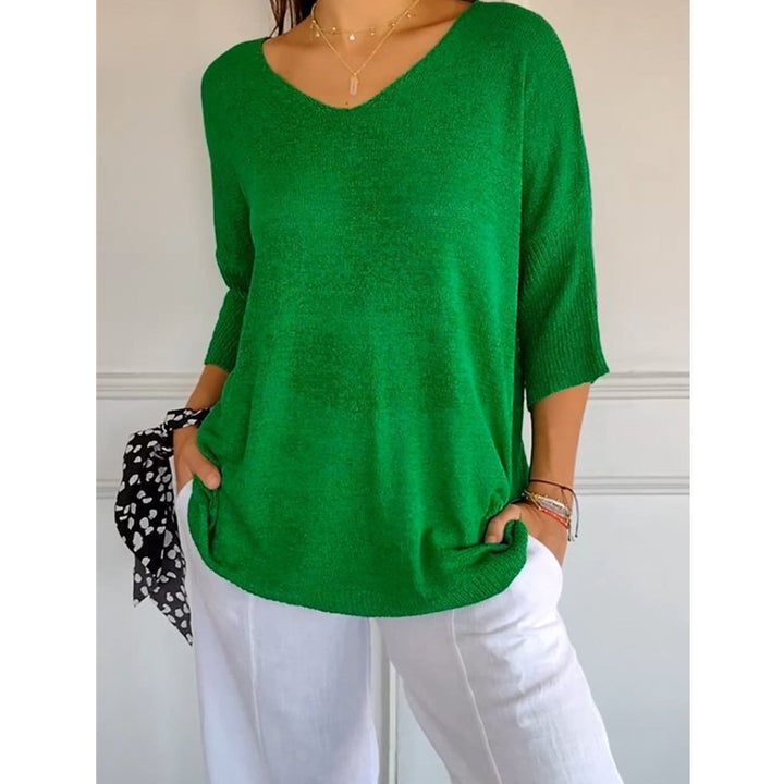 Women's relaxed fit V-neck fine knit pullover with three-quarter sleeves Mune Fashion