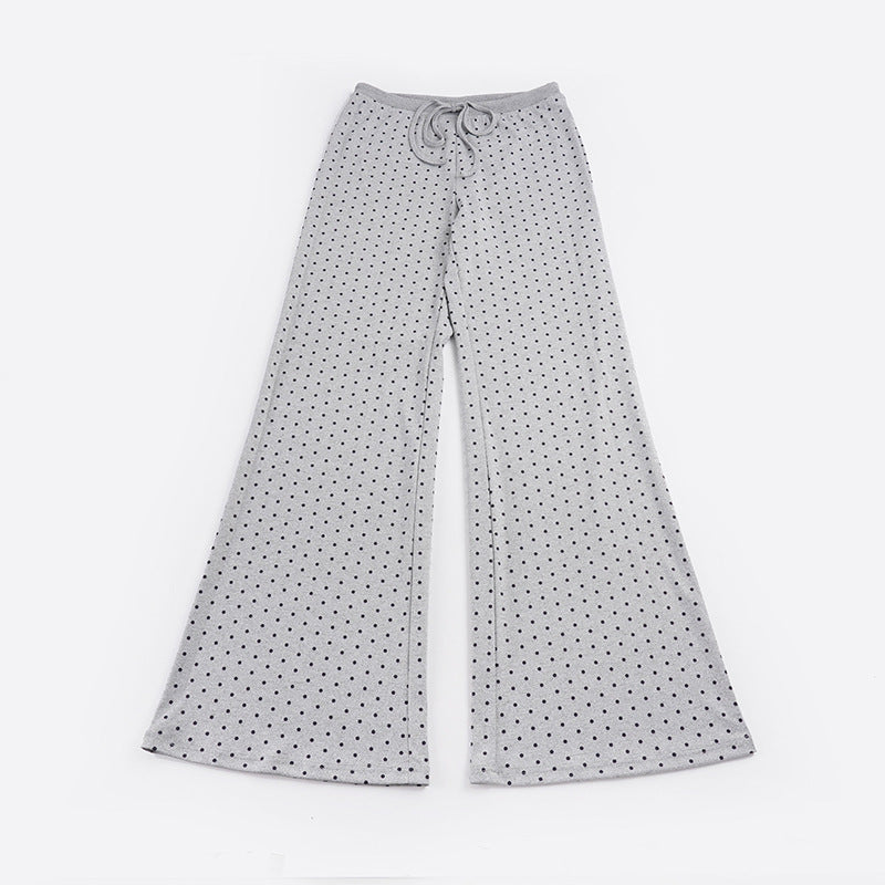 Women's comfortable high-waist lounge pants with wide flare, elastic comfort waistband, drawstring, and subtle dot print Mune Fashion