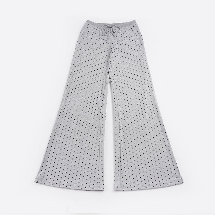 Women's comfortable high-waist lounge pants with wide flare, elastic comfort waistband, drawstring, and subtle dot print Mune Fashion