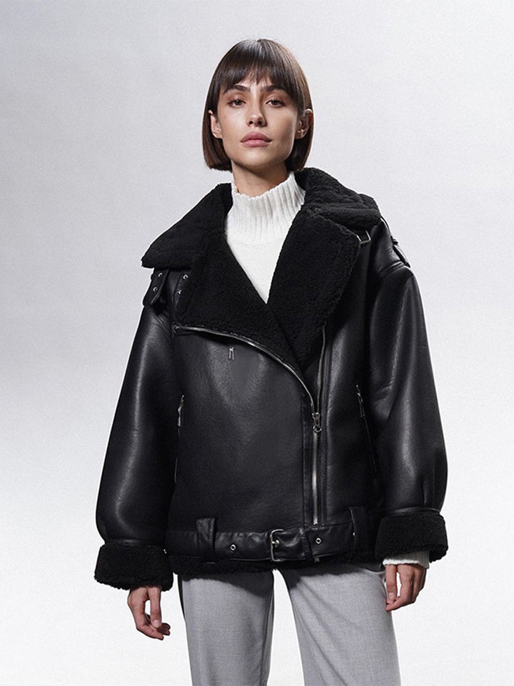 Women's Oversized Biker Jacket with Teddy Fur Lining and Adjustable Belts Mune Fashion