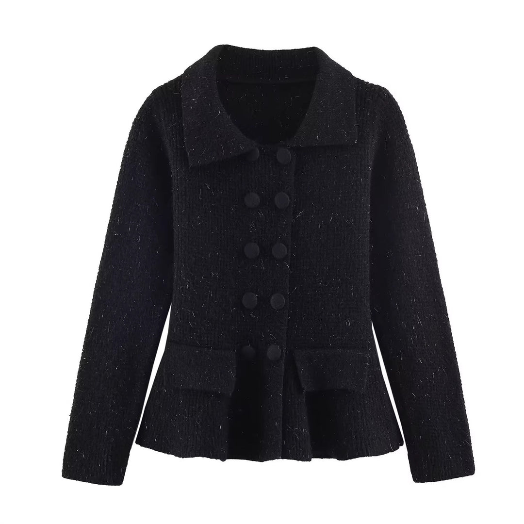 Women's structured cardigan with double-breasted design, waist-defining peplum, and patch pockets Mune Fashion
