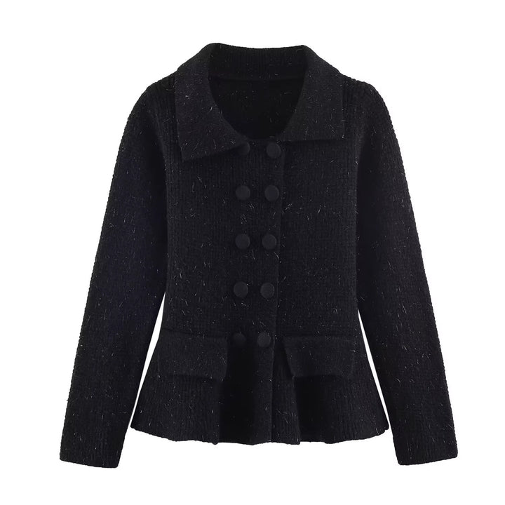 Women's structured cardigan with double-breasted design, waist-defining peplum, and patch pockets Mune Fashion