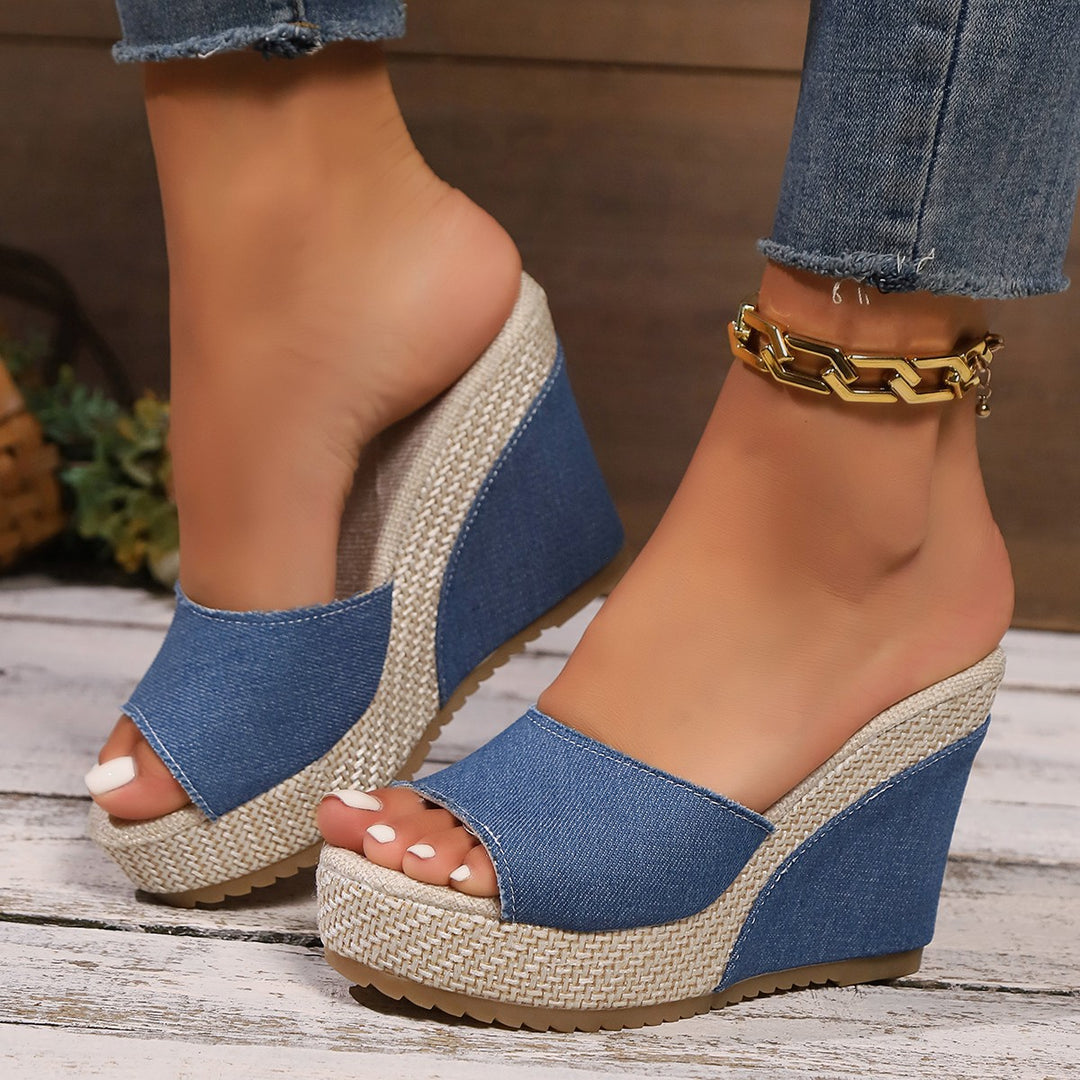 Women's nano monogrammed slip-on wedge sandal with woven raffia look platform and padded comfort insole Mune Fashion