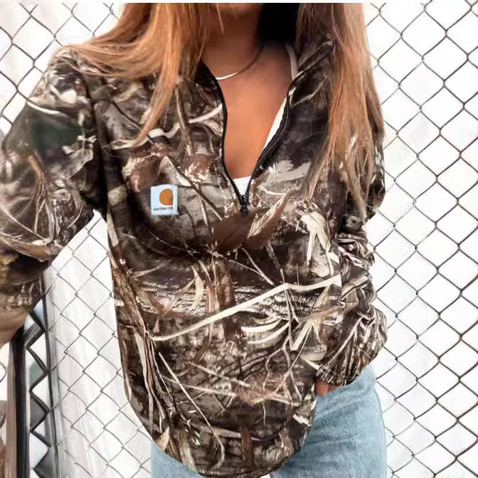 Women Camouflage Half-Zip Fleece Sweatshirt with Hood and Kangaroo Pocket Mune Fashion