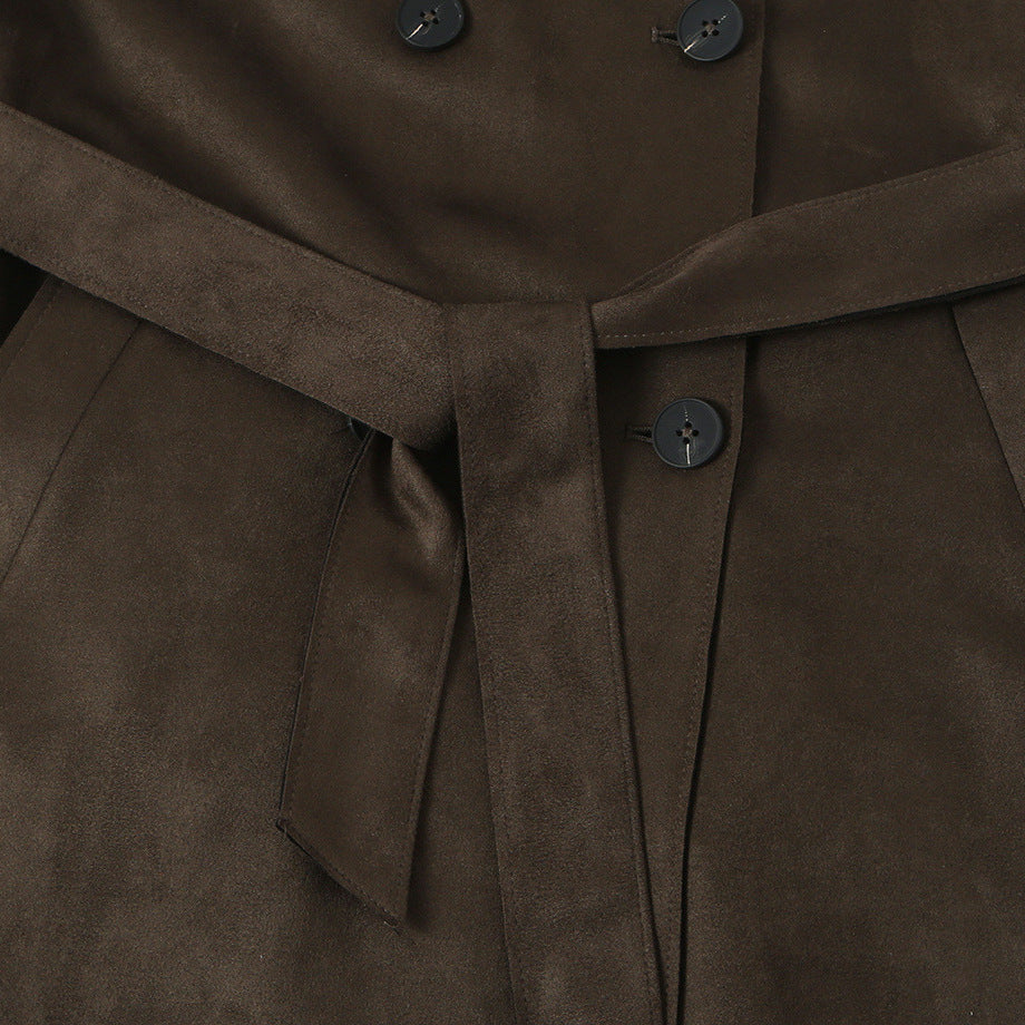 Women long cut trench coat made of suede look with tie belt Mune Fashion