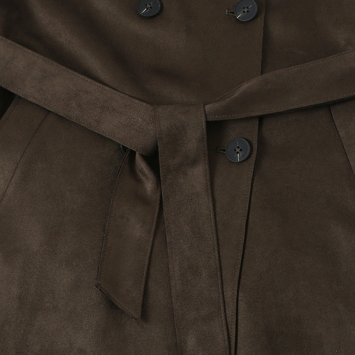 Women long cut trench coat made of suede look with tie belt Mune Fashion