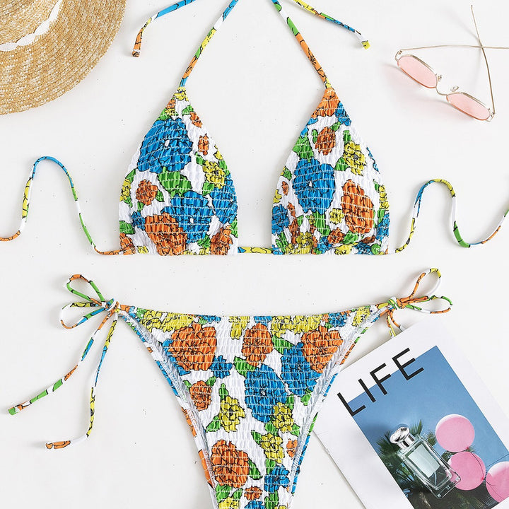 Women's triangle bikini with colorful floral pattern and elastic ties Mune Fashion