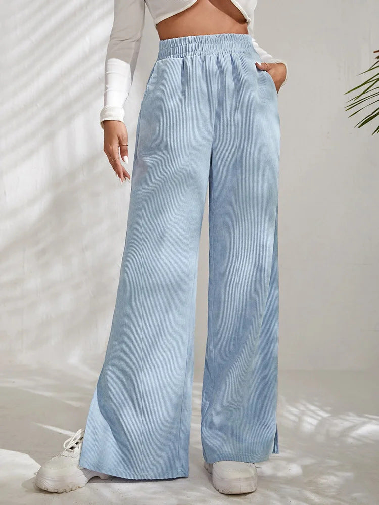 Women's Wide High-Waist Corduroy Lounge Pants with Elastic Waistband and Side Slits Drune