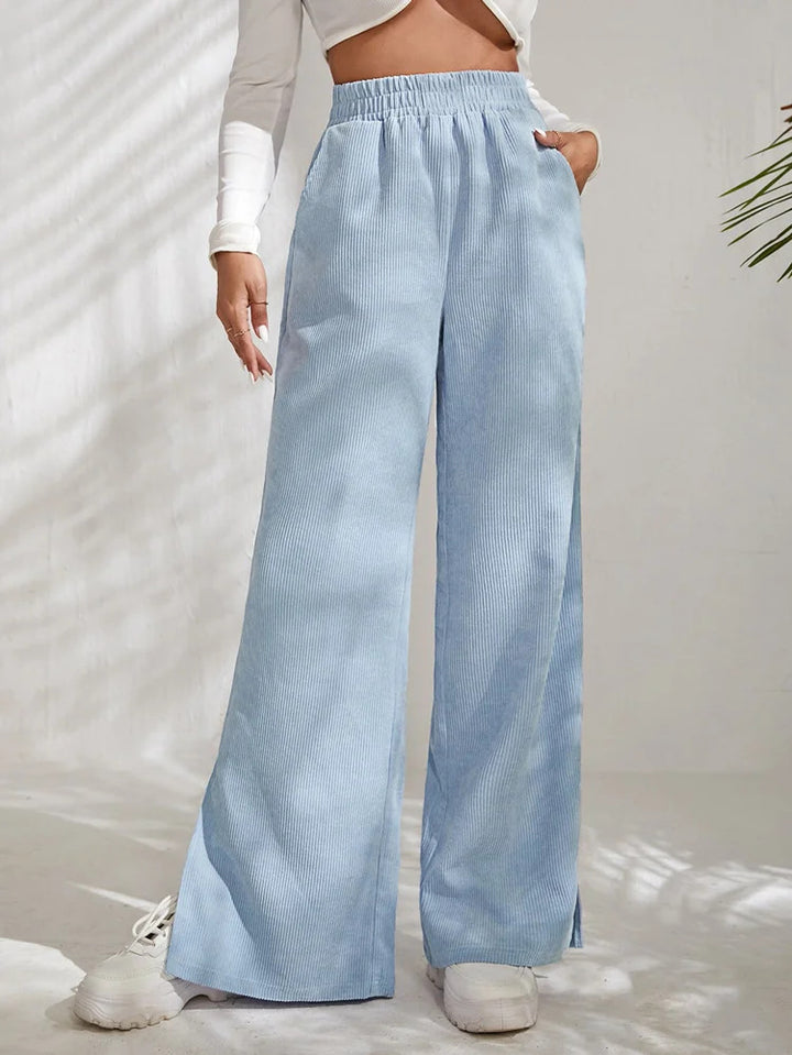 Women's Wide High-Waist Corduroy Lounge Pants with Elastic Waistband and Side Slits Drune
