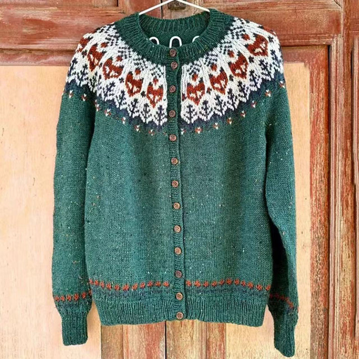 Women's patterned cardigan with round yoke, wooden buttons, and welt pockets Mune Fashion