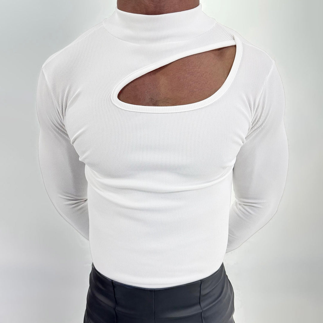 Women's fitted long sleeve top made of fine rib jersey with asymmetrical shoulder neckline and high collar Mune Fashion