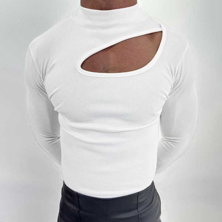 Women's fitted long sleeve top made of fine rib jersey with asymmetrical shoulder neckline and high collar Mune Fashion