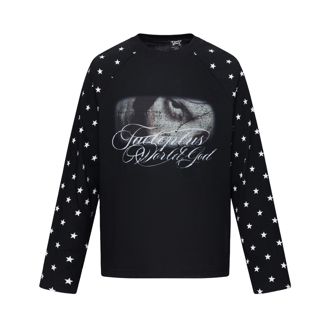 Unisex Long Sleeve Sweatshirt with Raglan Sleeves, Star Print Sleeves and Vintage Graphic Mune Fashion