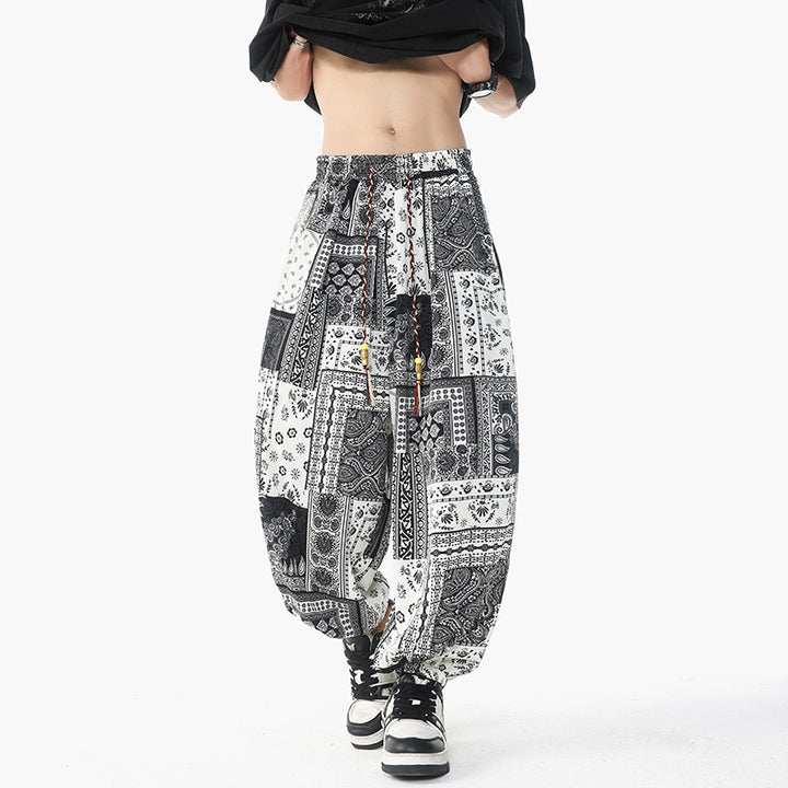 Women's casual pluder pants in ethnic print with elastic waistband, drawstring and smocked cuffs Mune Fashion