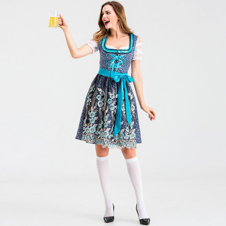 Ladies' traditional short dirndl with lace sleeves, lacing and floral apron Mune Fashion