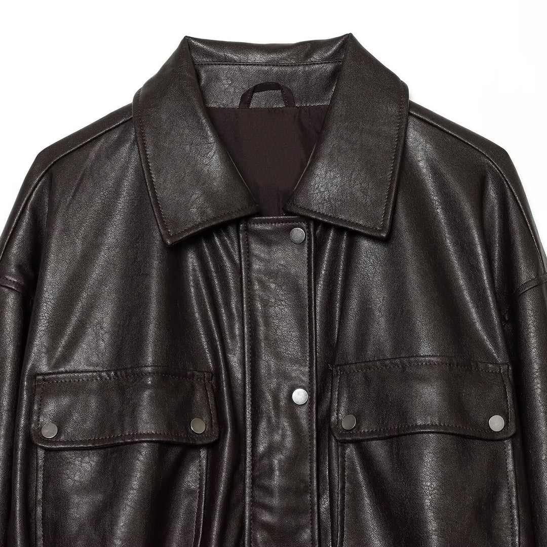 Women’s cropped jacket in oversized look made of faux leather with drawstring waist Mune Fashion