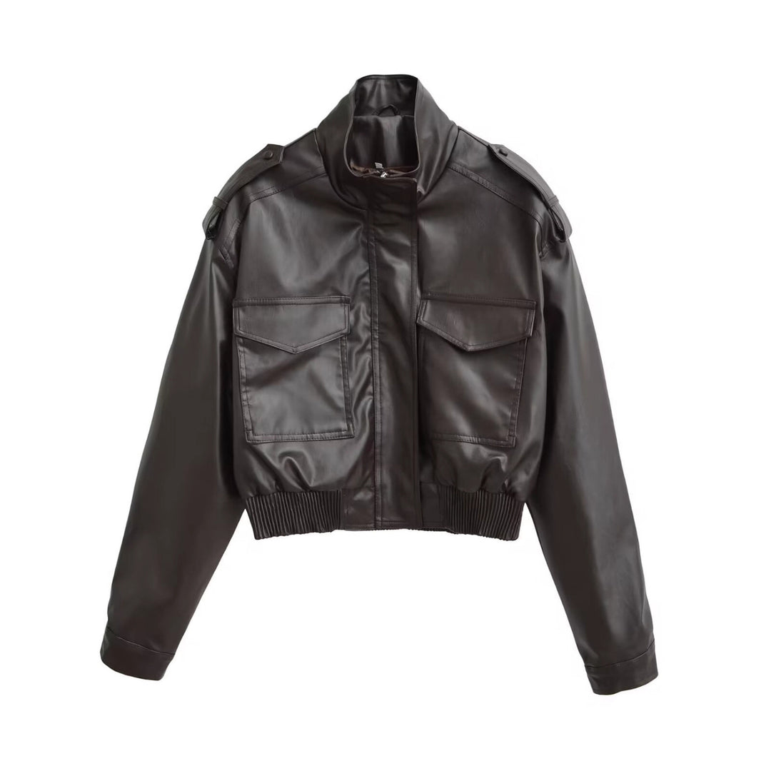 Women's Short PU Leather Bomber Jacket with High Stand-Up Collar, Flap Pockets and Shoulder Epaulettes Mune Fashion
