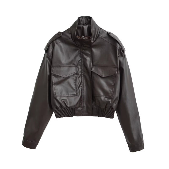 Women's Short PU Leather Bomber Jacket with High Stand-Up Collar, Flap Pockets and Shoulder Epaulettes Mune Fashion