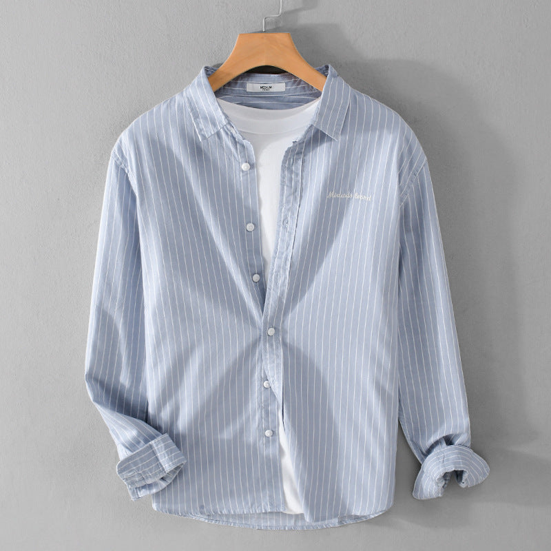 Men's pinstripe layered shirt in overshirt style with subtle chest embroidery Mune Fashion