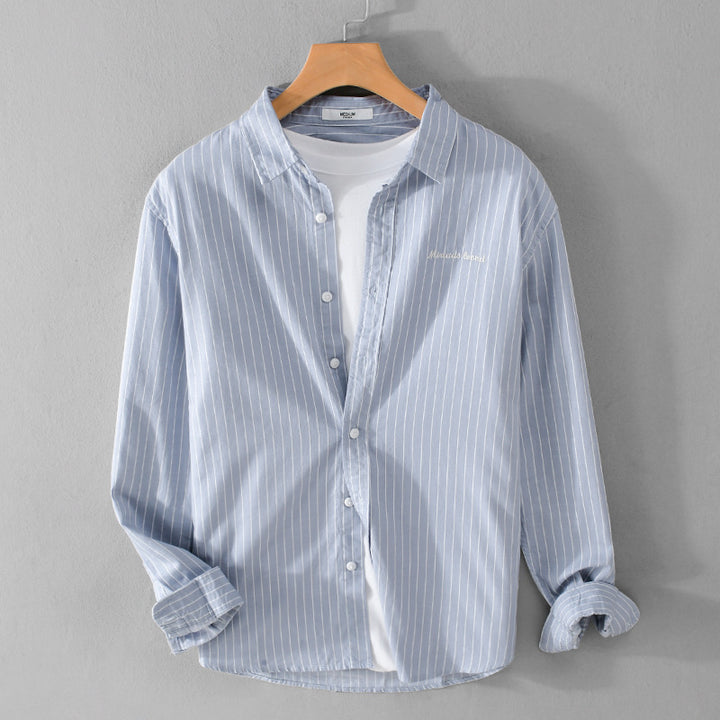 Men's pinstripe layered shirt in overshirt style with subtle chest embroidery Mune Fashion