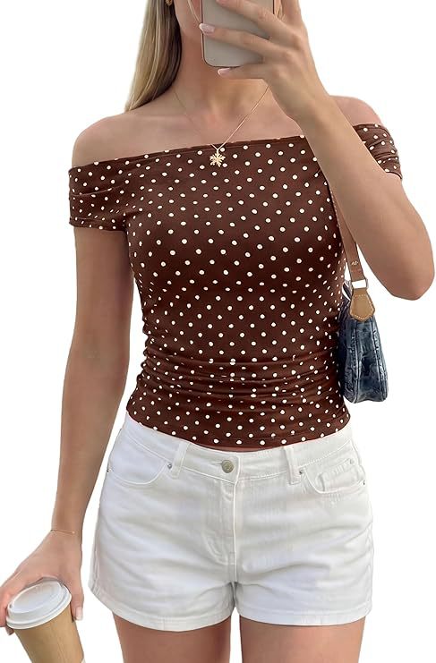 Women's Off-Shoulder Fitted Polka Dot Top with Gathered Side Seam Mune Fashion