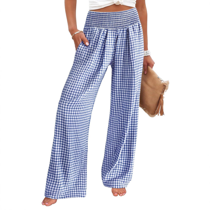 Women Lightweight Palazzo Pants with Smocking Waist, Wide Leg and Check Print Mune Fashion