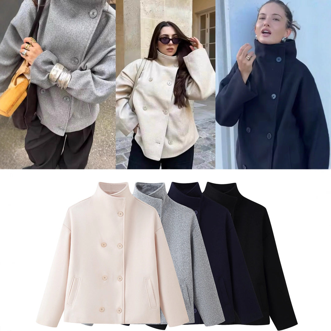 Women's Boxy Wool Blend Caban Jacket with Stand Collar and Dropped Shoulders Mune Fashion