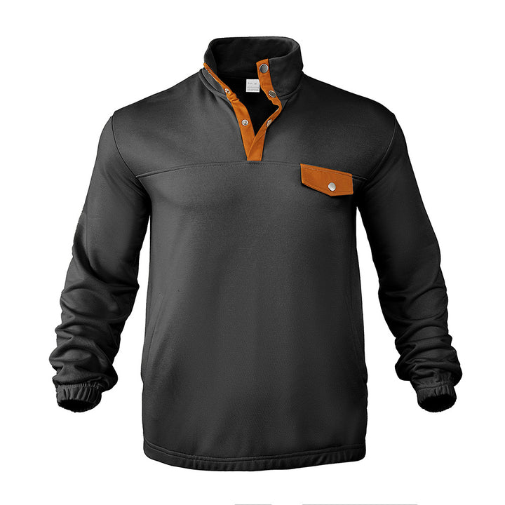Men's Stand Collar Henley Sweatshirt with Snap Placket and Patch Chest Pocket Mune Fashion