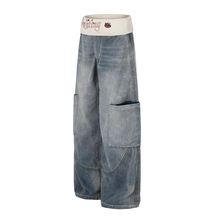 Women's Wide Denim Palazzo Cargo Pants with Comfort Ribbed Waistband and Patch Pockets Mune Fashion