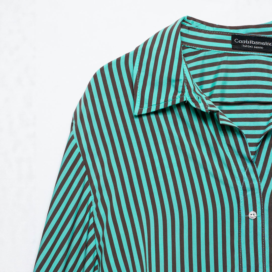 Women Oversized Shirt Blouse with Diagonal Stripes, Chest Pocket and Rounded Hem Mune Fashion