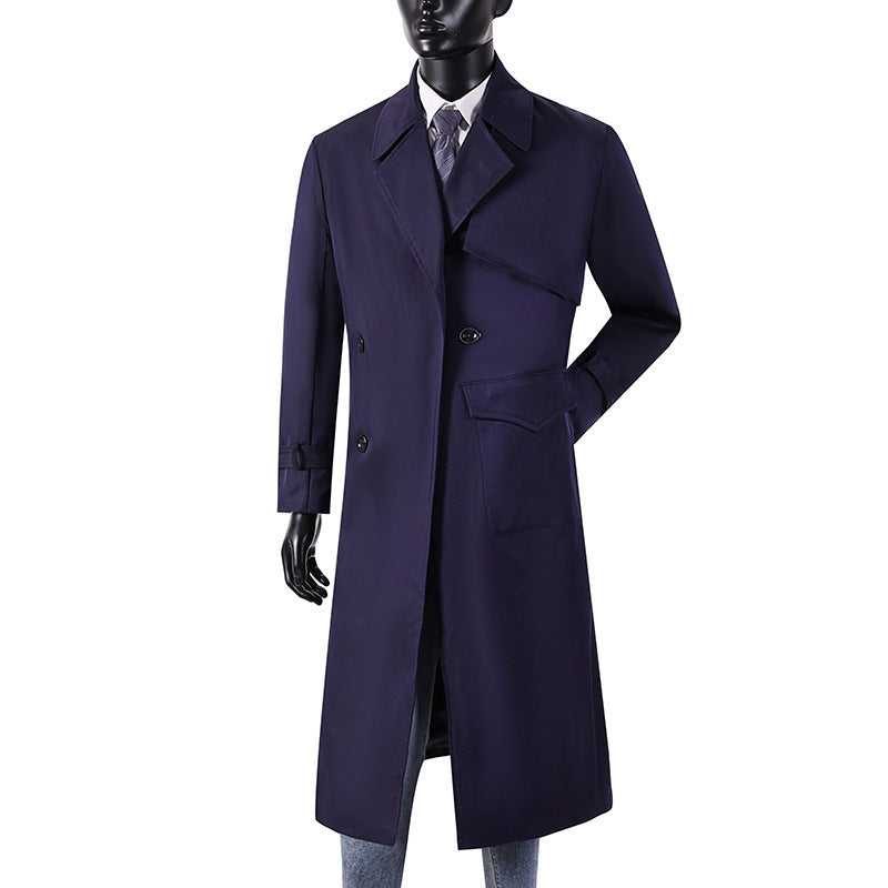 Men's long coat in trench coat style with storm flap, asymmetrical pockets and classic lapel Mune Fashion