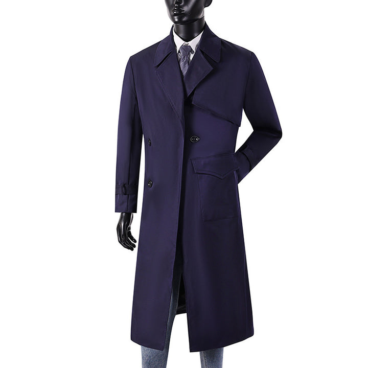 Men's long coat in trench coat style with storm flap, asymmetrical pockets and classic lapel Mune Fashion