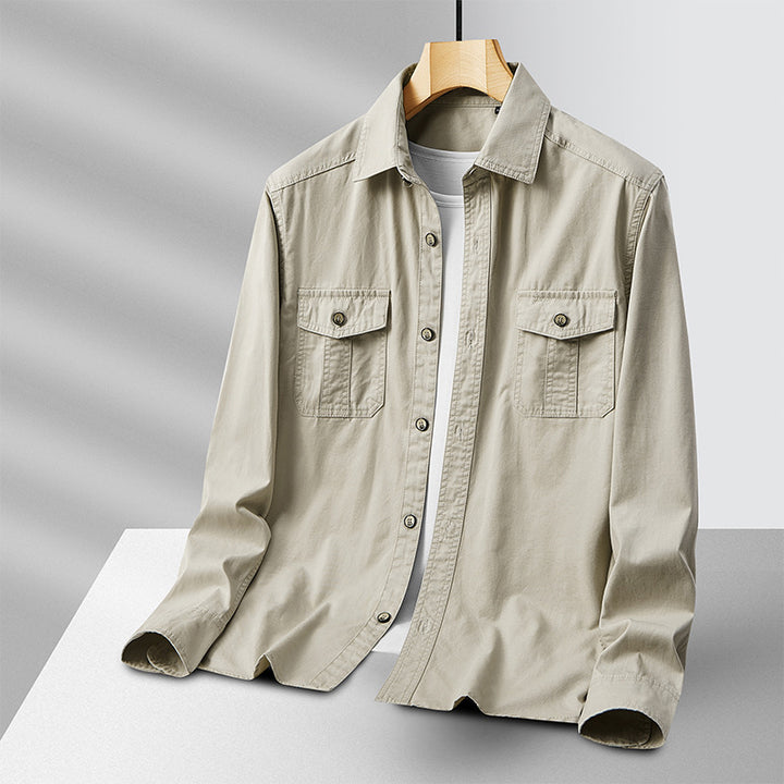 Men's Lightweight Cotton Utility Shirt Jacket with Flap Pockets and Full Button Placket Mune Fashion