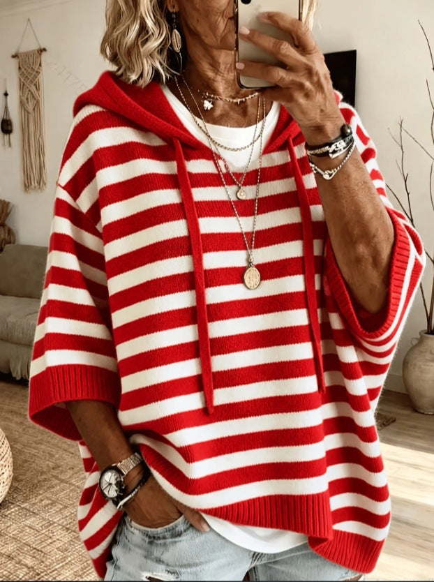 Women's oversized knit poncho with hood and short sleeves Mune Fashion