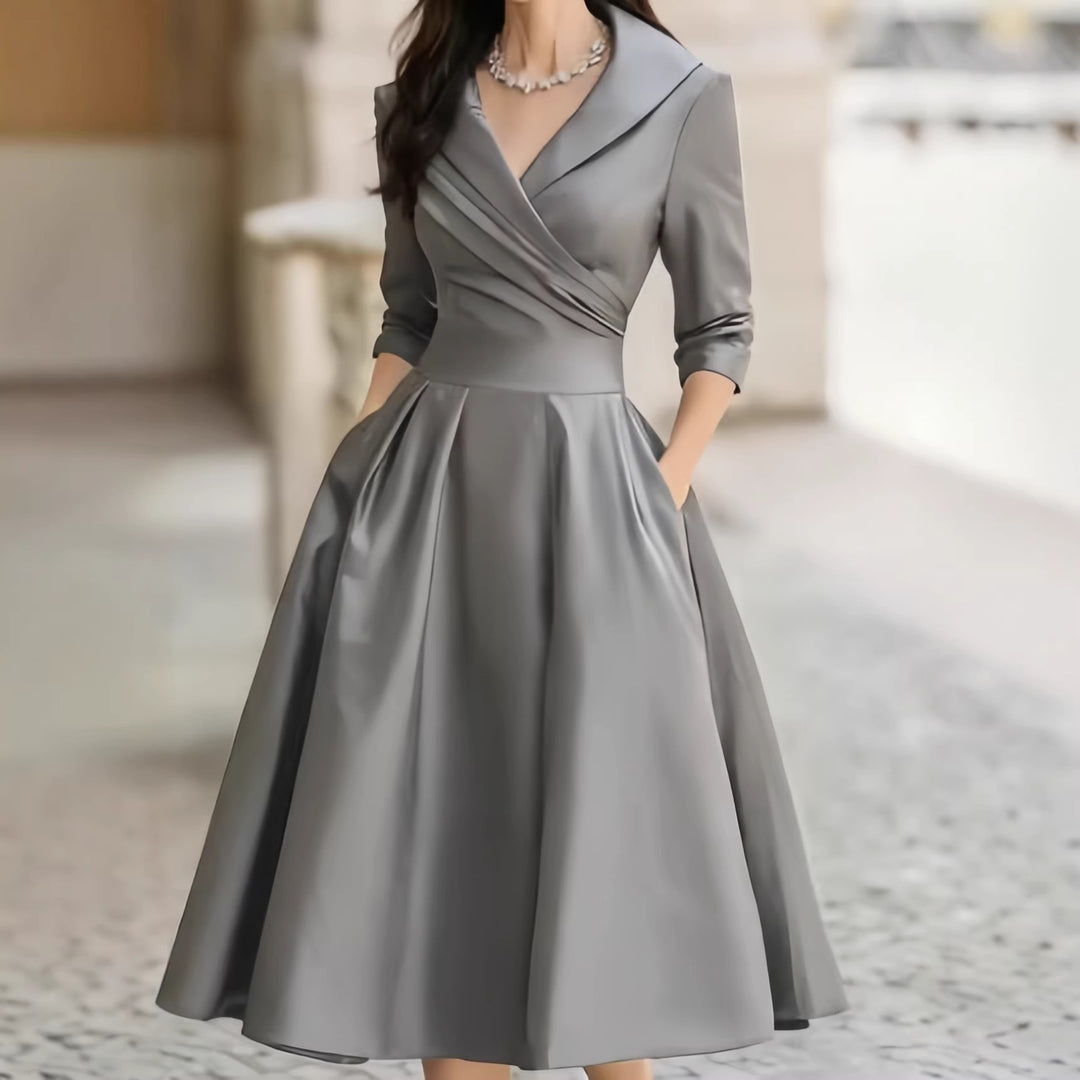 Women's Elegant Satin Midi Dress with Wrap Top, Mid-Length Sleeves and Side Pockets Mune Fashion