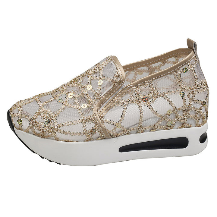 Women's Elegant Wedge Slippers with Transparent Mesh, Sequin Embroidery and Cushioning Platform Sole Mune Fashion