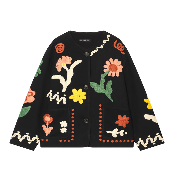 Ladies Short Cardigan with Floral Chenille Appliqué Drune