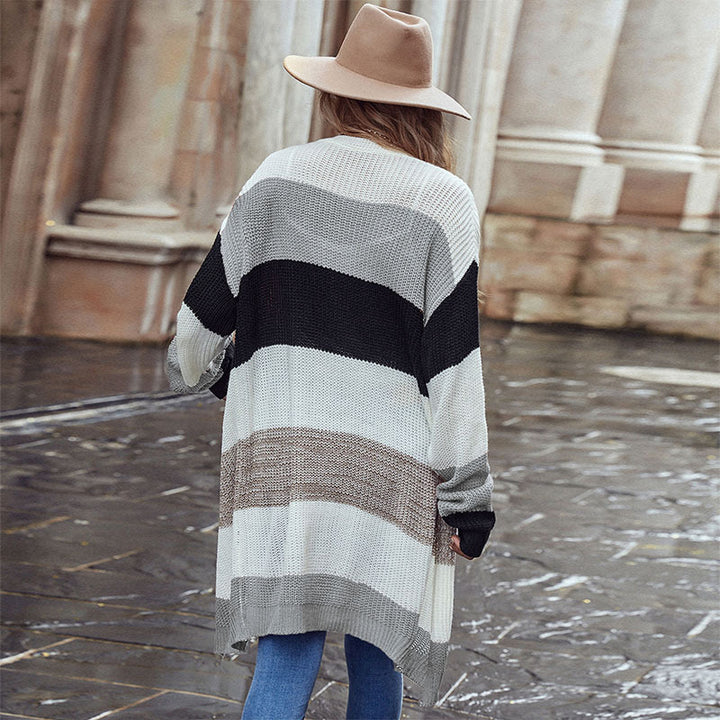 Women Long Open Knit Cardigan with Wide Color Block Stripes and Ribbed Cuffs Mune Fashion
