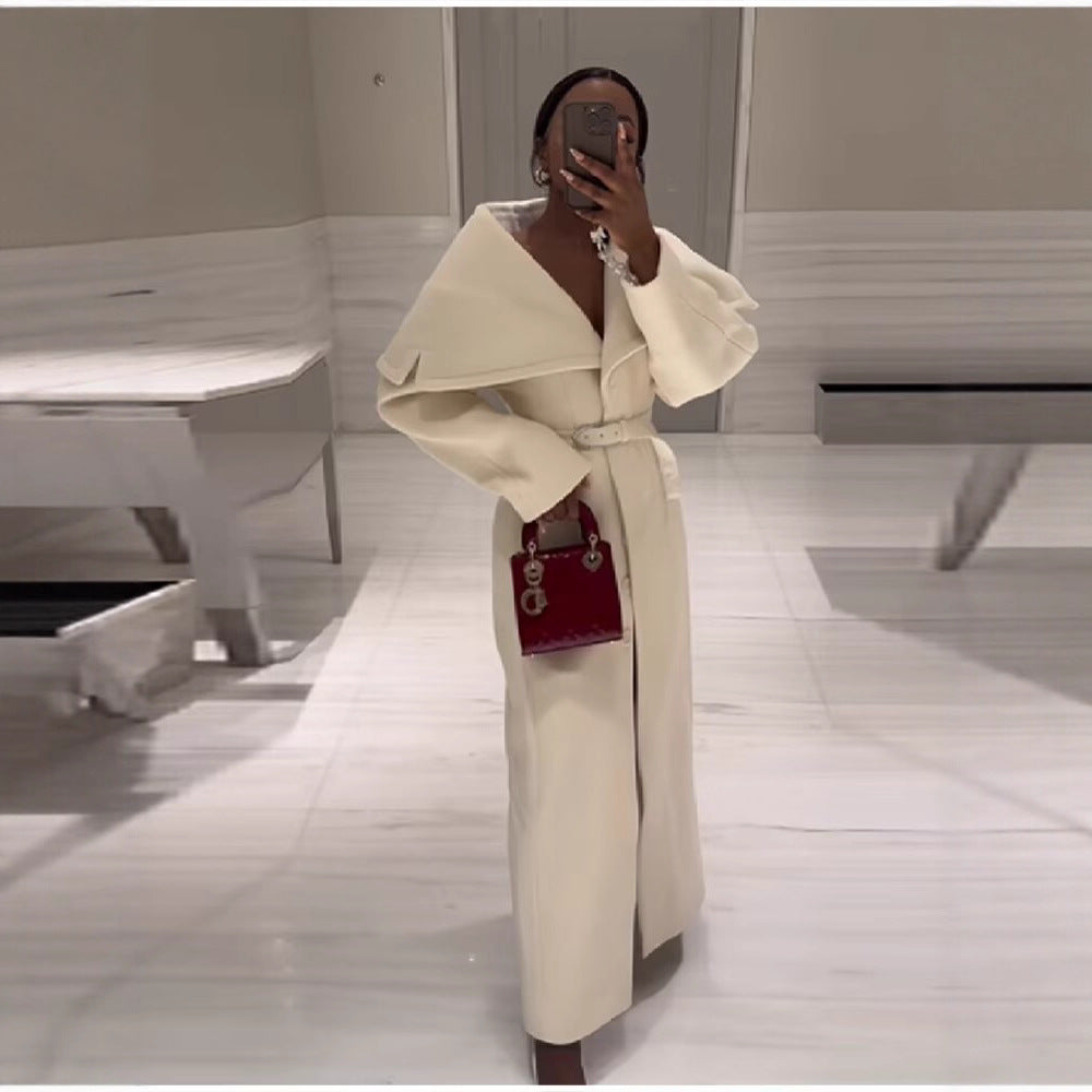 Women's Maximal Long Tailored Wool Blend Coat with Oversized Shawl Collar and Belt Mune Fashion