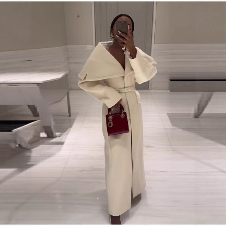Women's Maximal Long Tailored Wool Blend Coat with Oversized Shawl Collar and Belt Mune Fashion