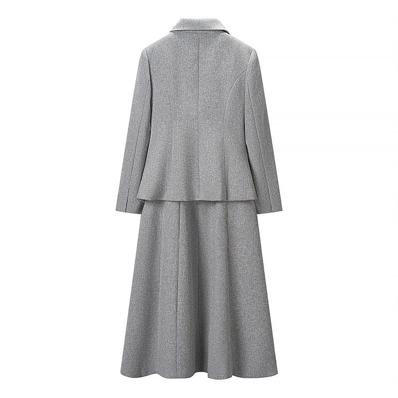 Women Two-Piece Suit made of Wool Blend with Tailored Short Blazer and Flared Midi Skirt Mune Fashion