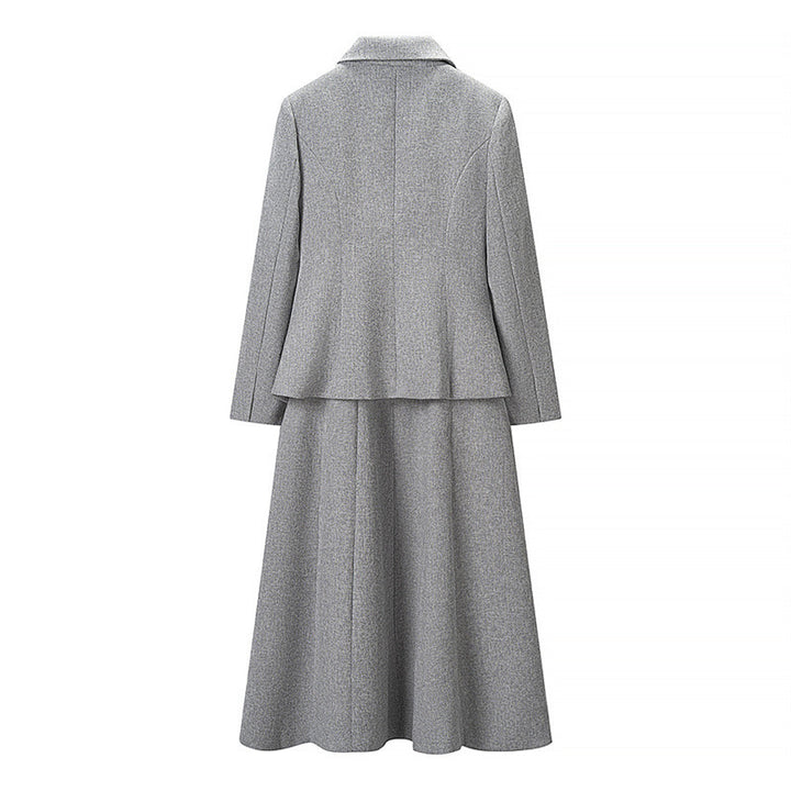 Women Two-Piece Suit made of Wool Blend with Tailored Short Blazer and Flared Midi Skirt Mune Fashion
