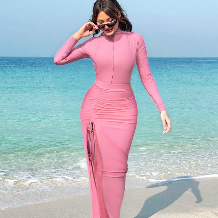 Ladies elegant sporty swimsuit with high collar and side gathering Mune Fashion