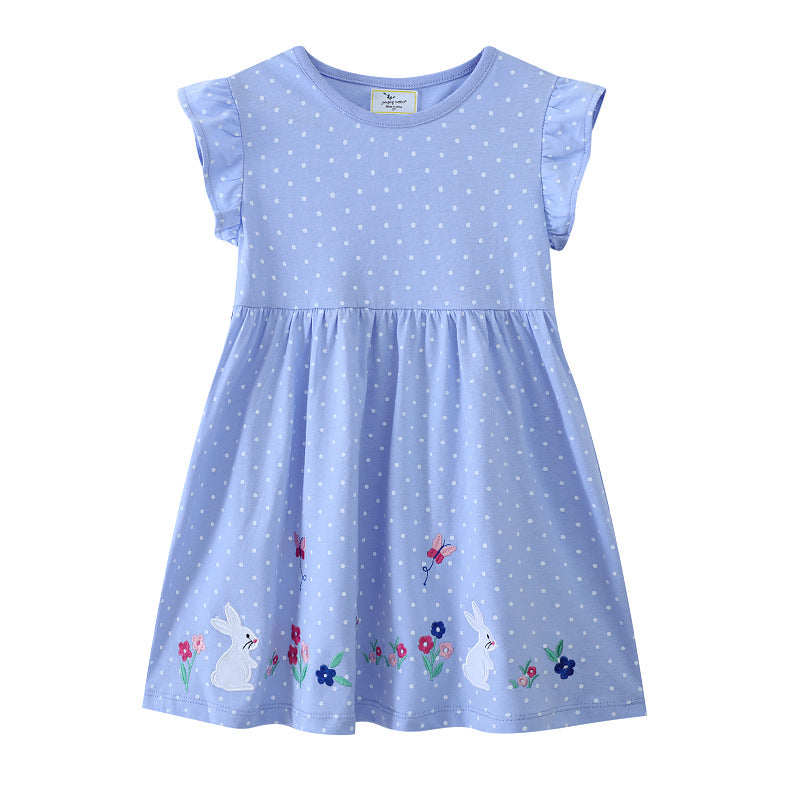 Girls Short Sleeve Dress with Flowing Cut and Cute Bunny Motif Mune Fashion